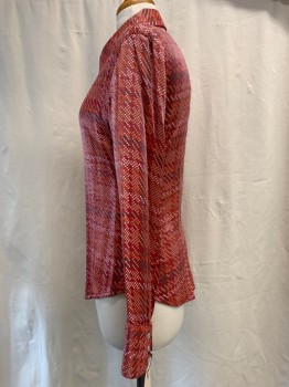 Womens, Top, DIESEL, Red, Brown, Orange, White, Dk Gray, Synthetic, Dots, Plaid, M, Snap Button Front, Collar Attached, Long Sleeves, Novelty Dotted Plaid, Sheen, 1990's
