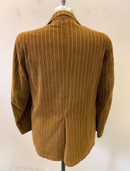 BRAD-DAWSON, Caramel Brown, Cotton, Solid, Corduroy, Single Breasted, Wide Notched Lapel, 2 Buttons, 3 Pockets, Beige/Brown/Blue Patterned Lining,
