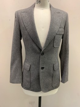 NO LABEL, Gray, White, Wool, 2 Color Weave, Multi Color Specs, Peaked Lapel, Single Breasted, Button Front, 2 Buttons, 3 Pockets