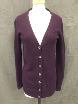 C By BLOOMINGDALES, Aubergine Purple, Cashmere, Solid, Button Front, V-neck, Long Sleeves, Ribbed Knit Cuff/Waistband