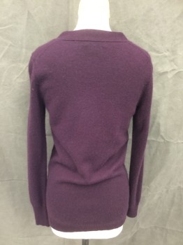 C By BLOOMINGDALES, Aubergine Purple, Cashmere, Solid, Button Front, V-neck, Long Sleeves, Ribbed Knit Cuff/Waistband