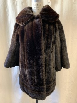 Womens, Fur, LEPSHIRE, Chocolate Brown, Faux Fur, Solid, M, Textured Stripes, 2 Hook & Eyes Front, Oversized Collar, Long Sleeves