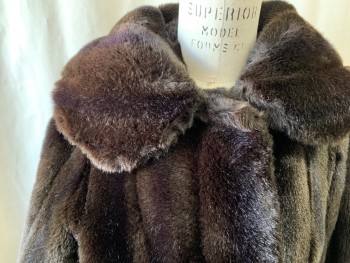 Womens, Fur, LEPSHIRE, Chocolate Brown, Faux Fur, Solid, M, Textured Stripes, 2 Hook & Eyes Front, Oversized Collar, Long Sleeves