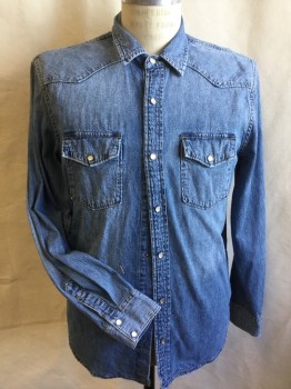 LUCKY BRAND, Blue, Cotton, Solid, Washed Out Blue Denim, Western, Collar Attached, Yoke Front & Back,  Milky with Silver Trim Button Front, 2 Pockets with Flap, Long Sleeves, Curved Hem