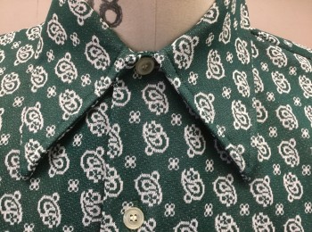 WHITEHALL, Forest Green, White, Polyester, Paisley/Swirls, Knit, Long Sleeve Button Front, Collar Attached, 1 Patch Pocket,