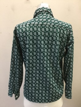 WHITEHALL, Forest Green, White, Polyester, Paisley/Swirls, Knit, Long Sleeve Button Front, Collar Attached, 1 Patch Pocket,