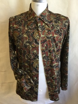 Mens, Shirt Disco, NEW CONSTELLATIONS, Khaki Brown, Black, Dk Orange, Taupe, Mustard Yellow, Polyester, Paisley/Swirls, L, Collar Attached, Button Front, 1 Pocket, Long Sleeves,