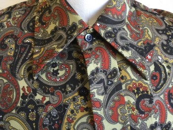 Mens, Shirt Disco, NEW CONSTELLATIONS, Khaki Brown, Black, Dk Orange, Taupe, Mustard Yellow, Polyester, Paisley/Swirls, L, Collar Attached, Button Front, 1 Pocket, Long Sleeves,