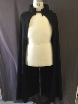Unisex, Sci-Fi/Fantasy Cape/Cloak, MTO, Black, Silver, Wool, Metallic/Metal, Solid, M/L, Thick Stand Up Collar with Interesting Metal Clasp, Spread Open at Chest, Straps Attached at Back Neck to Hold in Place, 54" Long, Multiple