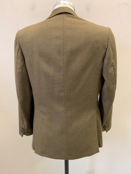 L.E.BROMBERG, Olive Green, Wool, Solid, Single Breasted, Notched Lapel, 2 Buttons, 3 Patch Pockets, Lining is Cream with Brown and Black Pattern, Label Inside Pocket Has Date "Nov 18 1976",