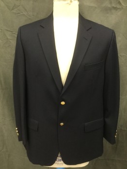 Mens, Sportcoat/Blazer, BOTANY, Navy Blue, Wool, Solid, 44R, Single Breasted, 2 Gold Buttons, Collar Attached, Notched Lapel, 3 Pockets, Long Sleeves
