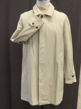 Mens, Coat, Trenchcoat, BROOOKS BROS. , Cream, Polyamide, Cotton, Solid, 42 R, Flat Front,  Knee Length, Hidden Front Buttons 2 Pockets, Epaulet Cuffs, Tan/ Brown Tortise Shell Buttons, Single Vent