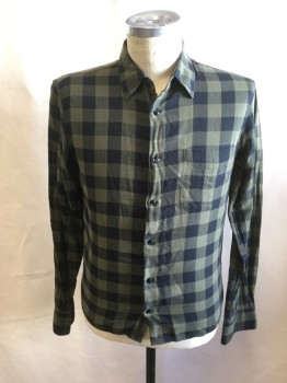 RAG & BONE, Olive Green, Black, Cotton, Check , Button Front, Collar Attached, Long Sleeves, 1 Pocket