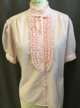 Womens, Blouse, RHAPSODY, Pink, Polyester, Solid, L, 38, Pink Lace Ruffle Trim on 1" Crew Neck & Small Puffy Short Sleeves, 3 Vertical Pink Lace Ruffles Front Center with Pink Ribbon Bowtie, Button Front,