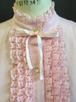 RHAPSODY, Pink, Polyester, Solid, Pink Lace Ruffle Trim on 1" Crew Neck & Small Puffy Short Sleeves, 3 Vertical Pink Lace Ruffles Front Center with Pink Ribbon Bowtie, Button Front,