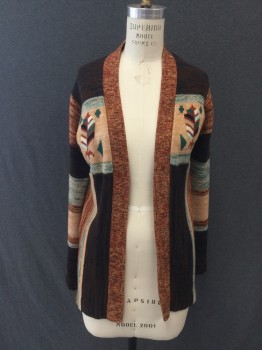 KMART, Brown, Black, Orange, Rust Orange, Green, Acrylic, Stripes - Vertical , Stripes - Horizontal , Cardigan, Horizontal and Vertical Stripes, Leaf Pattern Across Chest, Open Front, Marbled Orange/Brown/Peach Placket, Open Front, Long Sleeves, Ribbed Knit Cuff