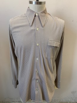 D LOPEZ, White, Dk Brown, Synthetic, Novelty Pattern, Squiggly Line Stripe, Long Sleeves, Button Front, Collar Attached, 1 Pocket,
