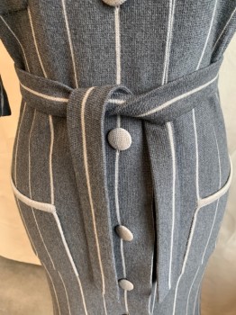 LUCIA, Heather Gray, Lt Gray, Wool, Stripes - Vertical , 1960s, Light Gray Trim Along Round Neck,  4 Pockets Trim, Light Gray Cover Button Front, 3/4 Sleeves, with SELF MATCHING BELT