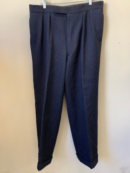 Mens, 1930s Vintage, Suit, Pants, COSPROP, Navy Blue, Blue, Wool, Herringbone, I30, W36, Double Pleats, Button Front, 2 Pockets, Suspender Buttons, Tab Waist, Cuffed, Heavy, Some Aging on Right Leg