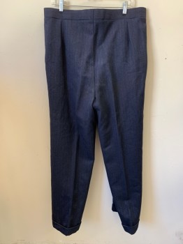 Mens, 1930s Vintage, Suit, Pants, COSPROP, Navy Blue, Blue, Wool, Herringbone, I30, W36, Double Pleats, Button Front, 2 Pockets, Suspender Buttons, Tab Waist, Cuffed, Heavy, Some Aging on Right Leg