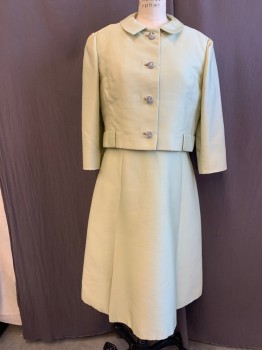 Womens, 1960s Vintage, Suit, Jacket, Mto, Mint Green, Silk, Solid, 30, 36, 38, ,Smooth Silk Twill with Matching Crepe Lining,Four Marcacite Covered Buttons (some Small Stones Missing) , 2'' X5'' Pocket Flaps at Waist, Small Liquid  Stain on Collar