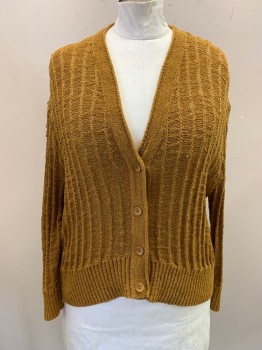J, CREW, Ochre Brown-Yellow, Polyamide, Cotton, Knit, Self Vertical Stripe, V-neck, Single Breasted, Button Front, 4 Buttons