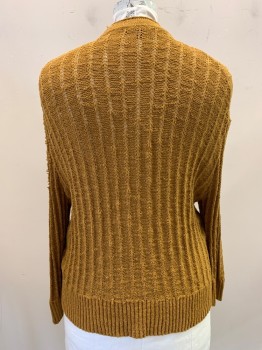 J, CREW, Ochre Brown-Yellow, Polyamide, Cotton, Knit, Self Vertical Stripe, V-neck, Single Breasted, Button Front, 4 Buttons