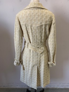 Womens, Coat, NL, Yellow, White, Taupe, Cotton, Wool, Tweed, B: 36, Matching Belt, Matching Removable Straps at Cuffs, Multi Color Weave Creating Round Pattern, Collar Attached, Single Breasted, Button Front, 2 Pockets