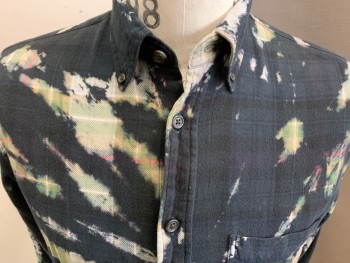 Mens, Casual Shirt, N/L, Green, Lt Gray, Tan Brown, Red, Black, Cotton, Plaid, Tie-dye, 14.5, S, Long Sleeves, Button Front, Button Down Collar Attached, 1 Pocket, Faded Plaid with Black Tie-dye