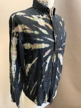 Mens, Casual Shirt, N/L, Green, Lt Gray, Tan Brown, Red, Black, Cotton, Plaid, Tie-dye, 14.5, S, Long Sleeves, Button Front, Button Down Collar Attached, 1 Pocket, Faded Plaid with Black Tie-dye