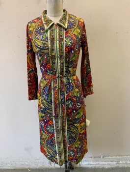BERKSHIRE B-TWEEN, Red, Mustard Yellow, Royal Blue, Green, Acetate, Paisley/Swirls, Floral, Stretch Material, Long Sleeves, Zip Front, Collar Attached, Shift Dress, Knee Length, Meant for Petite Woman, **With Matching Belt,