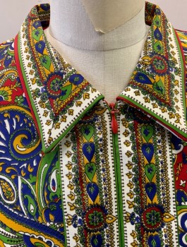 BERKSHIRE B-TWEEN, Red, Mustard Yellow, Royal Blue, Green, Acetate, Paisley/Swirls, Floral, Stretch Material, Long Sleeves, Zip Front, Collar Attached, Shift Dress, Knee Length, Meant for Petite Woman, **With Matching Belt,