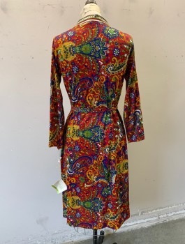 Womens, Dress, BERKSHIRE B-TWEEN, Red, Mustard Yellow, Royal Blue, Green, Acetate, Paisley/Swirls, Floral, H:40, B:36, Stretch Material, Long Sleeves, Zip Front, Collar Attached, Shift Dress, Knee Length, Meant for Petite Woman, **With Matching Belt,