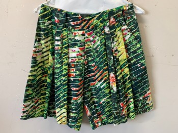 KENZO PARIS, Green, Yellow, White, Red, Fuchsia Pink, Cotton, Pleated Front, 3 Pockets, Shattered Floral, Digital Print, Button Above Left Pocket