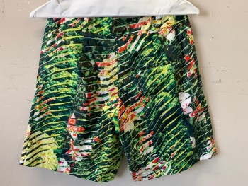 Womens, Shorts, KENZO PARIS, Green, Yellow, White, Red, Fuchsia Pink, Cotton, 4, Pleated Front, 3 Pockets, Shattered Floral, Digital Print, Button Above Left Pocket