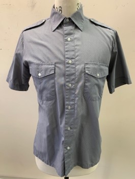 BOULEVARD BY BLOCK, Lt Gray, White, Poly/Cotton, Dots, S/S, Button Front, Collar Attached, 2 Pockets With Flaps, Epaulettes At Shoulders