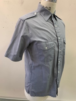 Mens, Shirt, BOULEVARD BY BLOCK, Lt Gray, White, Poly/Cotton, Dots, N:15.5, M, S/S, Button Front, Collar Attached, 2 Pockets With Flaps, Epaulettes At Shoulders