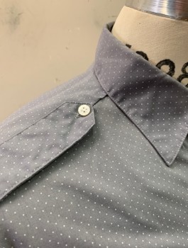 Mens, Shirt, BOULEVARD BY BLOCK, Lt Gray, White, Poly/Cotton, Dots, N:15.5, M, S/S, Button Front, Collar Attached, 2 Pockets With Flaps, Epaulettes At Shoulders