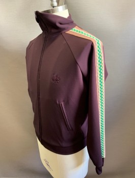 Mens, Casual Jacket, SASQUATCH FABRIC, Espresso Brown, Polyester, Solid, L, Raglan Sleeves With Contrasting Beige/Green/White Stripe, Zip Front, Stand Collar, 2 Zip Pockets