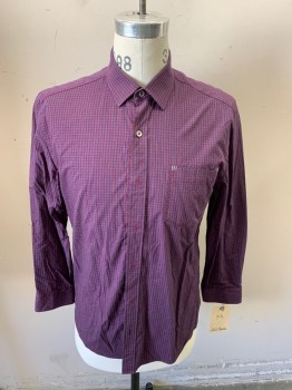 Mens, Casual Shirt, JEFF BANKS, Red Burgundy, Blue, Cotton, Gingham, M, Button Front, Collar Attached,