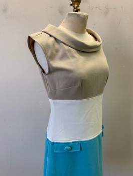 Womens, Dress, Sleeveless, JUST TAYLOR, Beige, White, Aqua Blue, Polyester, Rayon, Color Blocking, Sz.4, Top is Beige, Middle is White, Bottom is Aqua, Jersey, Folded Cowl-Neck, Fitted, Knee Length, 2 Faux Pocket Flaps with Fabric Buttons at Hips, Invisible Zipper in Back, Mod Inspired 1960s Retro