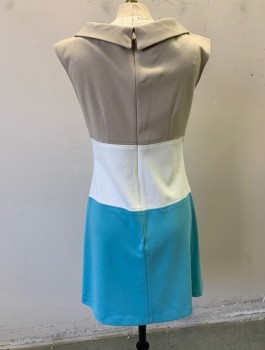 Womens, Dress, Sleeveless, JUST TAYLOR, Beige, White, Aqua Blue, Polyester, Rayon, Color Blocking, Sz.4, Top is Beige, Middle is White, Bottom is Aqua, Jersey, Folded Cowl-Neck, Fitted, Knee Length, 2 Faux Pocket Flaps with Fabric Buttons at Hips, Invisible Zipper in Back, Mod Inspired 1960s Retro