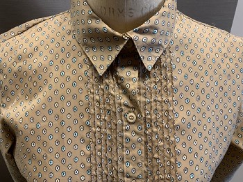 JANTZEN, Tan Brown, White, Teal Blue, Gold, Brown, Polyester, Novelty Pattern, L/S, B/F, C.A., Pleated CF