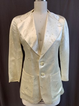 Womens, Blazer, BLUE BEARDS, Ivory White, Synthetic, Stars, B36, Satin With Faded Glitter Stars & Crecent Moons Print, 2 Bttns, Clover Lapel, 2 Patch Pockets, Can Be Let Out Under The Arm.