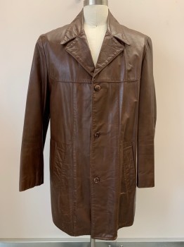 Mens, Leather Jacket, NO LABEL, Brown, Leather, Solid, 42, L/S, B.F., Peaked Lapel, Side Pockets, CB Vent