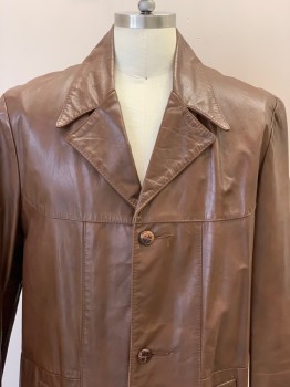 Mens, Leather Jacket, NO LABEL, Brown, Leather, Solid, 42, L/S, B.F., Peaked Lapel, Side Pockets, CB Vent