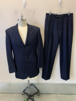 BOSS, Midnight Blue, Wool, Stripes, Almost Black, Single Breasted, 3 Buttons, Notched Lapel, 3 Pockets, Blue and White Stripes