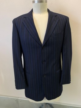 BOSS, Midnight Blue, Wool, Stripes, Almost Black, Single Breasted, 3 Buttons, Notched Lapel, 3 Pockets, Blue and White Stripes