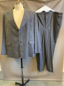 Mens, 1930s Vintage, Suit, Jacket, MARK COSTELLO, Charcoal Gray, Red, Wool, Grid , 56L, 2 Buttons, Single Breasted, Peaked Lapel, 3 Pockets, with Pocket Square