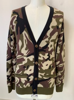 Mens, Cardigan Sweater, THIRD & ARMY, Olive Green, Beige, Brown, Black, Cotton, Camouflage, M, L/S, Button Front, V Neck, Top Pockets